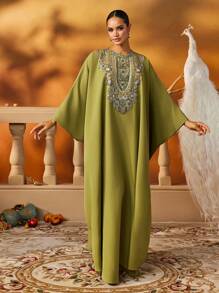 AmazingHoney Elegant Green Robe, Adorned With Exquisite Beading, Luxurious Long Women's Kaftan, Dignified And Appropriate, Arabian Style Robe (Loose Fit - Please Check Size Chart) - Army Green - View 10