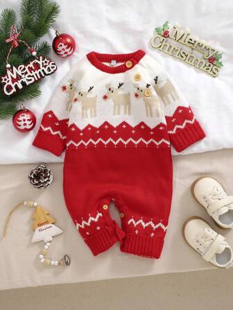 1 pieza Pelele de punto para niña bebé, Traje de una pieza para bebé para invierno, Conjunto cálido y suave de Navidad para recién nacidos