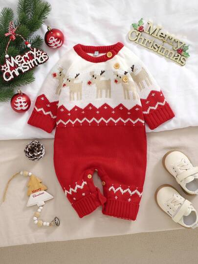 1 pezzo Tutina in maglia per neonata, tuta intera per neonati per l'inverno, abbigliamento natalizio caldo e morbido per neonati, per Natale