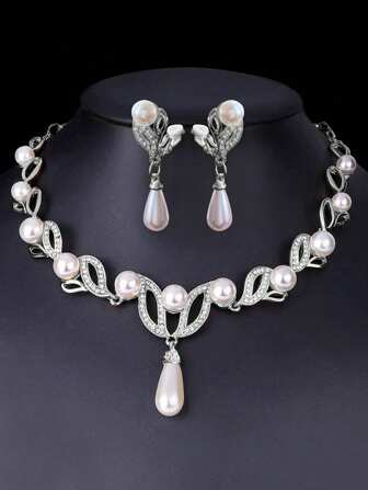 3 件套白金色夹式耳环项链婚礼首饰套装，无需穿孔，新娘配饰