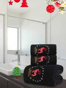 QIBHI 1 pezzo Asciugamano da bagno o da mano con ricamo colorato di cervo, colore solido, assorbente e morbido, regalo di Natale e decorazione per la casa, bagno, decorazione autunnale, per la scuola, per il salone di bellezza, hotel, sport, essenziali per la casa, asciugamano, cura della pelle - nero - Visualizzare 7