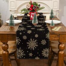1pc Christmas Table Runner, Snowflake Decor Black & Gold Christmas Tablecloth, Suitable For Christmas, Winter Holiday Dining Table Decoration, Indoor And Outdoor Use - Black - View 3