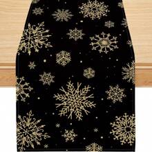 1pc Christmas Table Runner, Snowflake Decor Black & Gold Christmas Tablecloth, Suitable For Christmas, Winter Holiday Dining Table Decoration, Indoor And Outdoor Use - Black - View 1