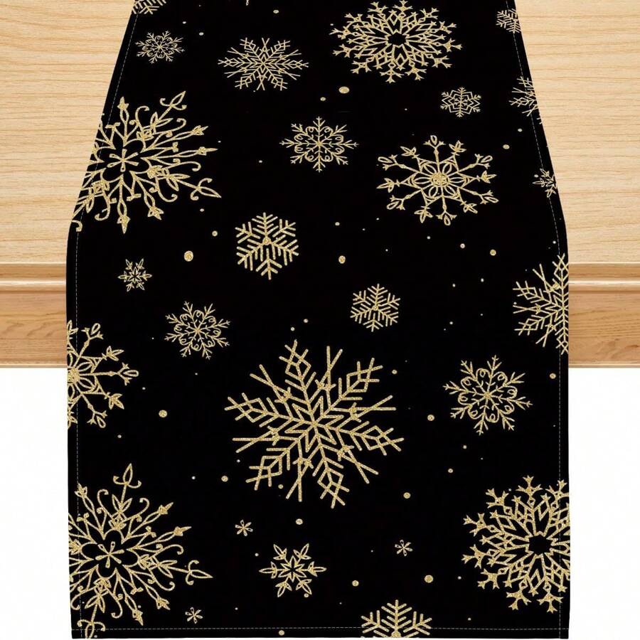 1pc Christmas Table Runner, Snowflake Decor Black & Gold Christmas Tablecloth, Suitable For Christmas, Winter Holiday Dining Table Decoration, Indoor And Outdoor Use - Black - View 1