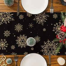 1pc Christmas Table Runner, Snowflake Decor Black & Gold Christmas Tablecloth, Suitable For Christmas, Winter Holiday Dining Table Decoration, Indoor And Outdoor Use - Black - View 7