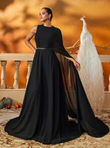 AmazingHoney Elegant Black Chiffon Modest Dress With Flowing Draped Sleeve And Beaded Waist Detail, Prom Dresses For Women,Arabic Dresses For Women - Black - View 6