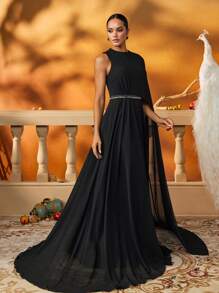 AmazingHoney Elegant Black Chiffon Modest Dress With Flowing Draped Sleeve And Beaded Waist Detail, Prom Dresses For Women,Arabic Dresses For Women - Black - View 7