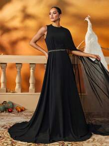 AmazingHoney Elegant Black Chiffon Modest Dress With Flowing Draped Sleeve And Beaded Waist Detail, Prom Dresses For Women,Arabic Dresses For Women - Black - View 5