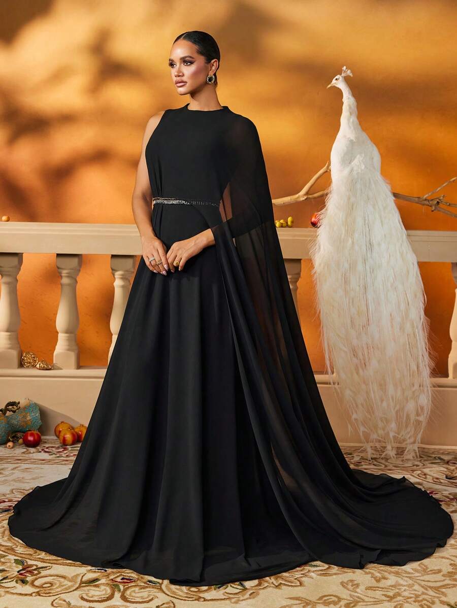 AmazingHoney Elegant Black Chiffon Modest Dress With Flowing Draped Sleeve And Beaded Waist Detail, Prom Dresses For Women,Arabic Dresses For Women - Black - View 1