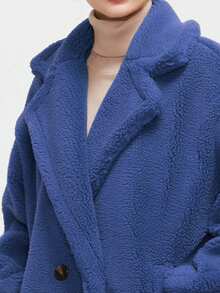 ZIAI 女士纯色长袖宽松翻领仿羊羔绒泰迪熊外套，冬季 - 藍色 - 查看 9