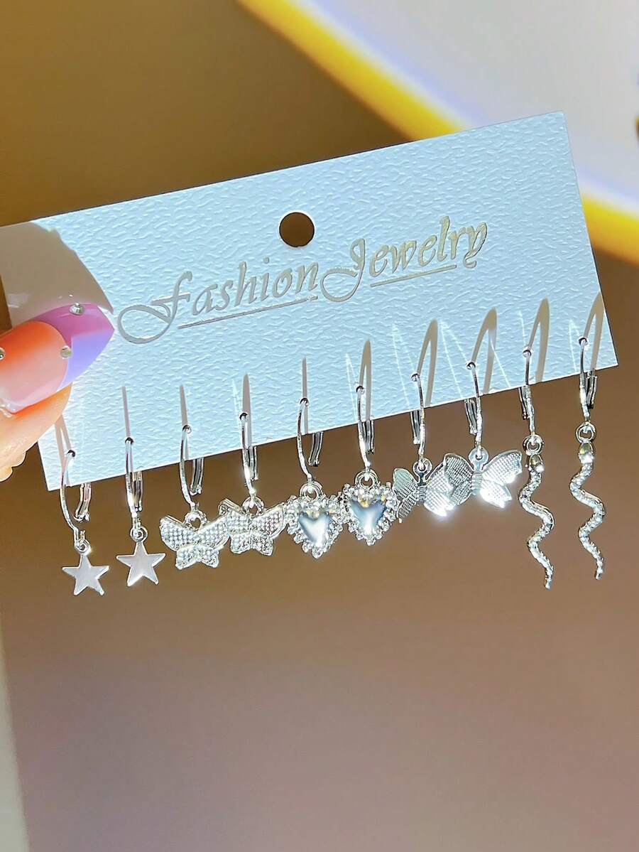 5 对/套创意独特星星、蝴蝶、蛇形设计耳钉，适合女士、派对/礼物 - 復古銀色 - 查看 1