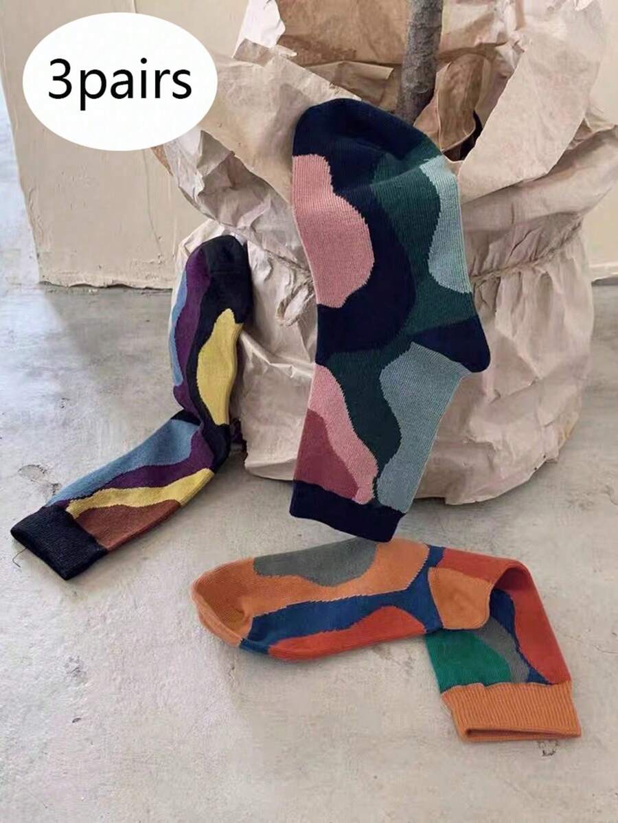 3 Pairs Of Korean New Spring And Summer Vintage Texture Mid-Tube Socks Fashion Street Shot Morandi Color Matching Mid-Tube Socks Woman