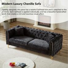 WellMall Luxury Chenille Buttons Tufted Sofa Set For Living Room, Modern Decor Furniture Sectional Sofa With Copper Nail Decoration , 82 Inch 3 Seater Couch And 60 Inch Loveseat With Gold Metal Legs For Apartment, Office - Ghế sofa 3 chỗ ngồi 82 inch màu đen - Xem 4