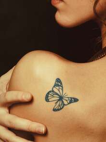 4pcs Herbal Juice Semi-Permanent Cool Minimalist Butterfly Ins Style Temporary Tattoos, 7-14 Days Waterproof, No Fading, No Glare For Wrist, Waist, Shoulder, Neck, Collarbone - Blue - View 4