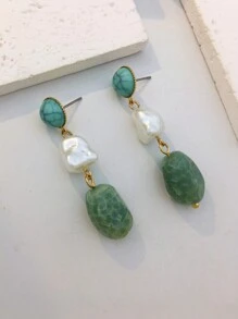 1pair Women's Fashion Bohemian Simulated Turquoise & Cracked Texture Resin Asymmetrical Faux Pearl Pendant Earrings