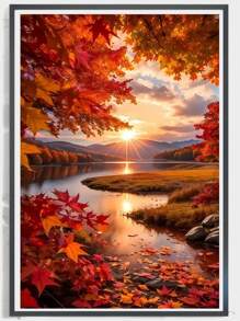 1 Stück Herbst Sonnenuntergang Landschaft 5D DIY Diamant Malerei Set, Volle Bohre Rund Acryl Diamant Stickerei Kunsthandwerk, Mosaik Wandkunst Dekoration, Landschafts Thema, funkelnde perfekte Ausführung