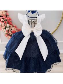 CHILDREN'S Navy Blue And  Bridesmaid Dress For Wedding Party Luxury WITH HAIR TIARA D5008 - Màu xanh hải quân - Xem 3