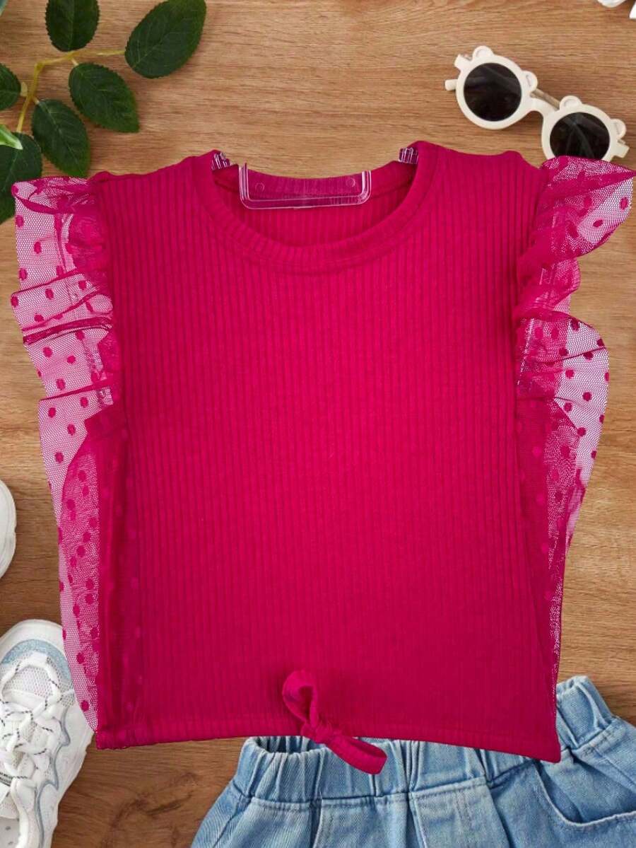Ribbed Tank Top With Tulle Sleeves And Ruffles - 玫紅色 - 查看 1