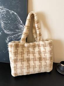 韩版时尚学院风毛绒手提包，百搭休闲单肩包，适合大学生通勤上课，秋冬季 - 卡其色 - 查看 5