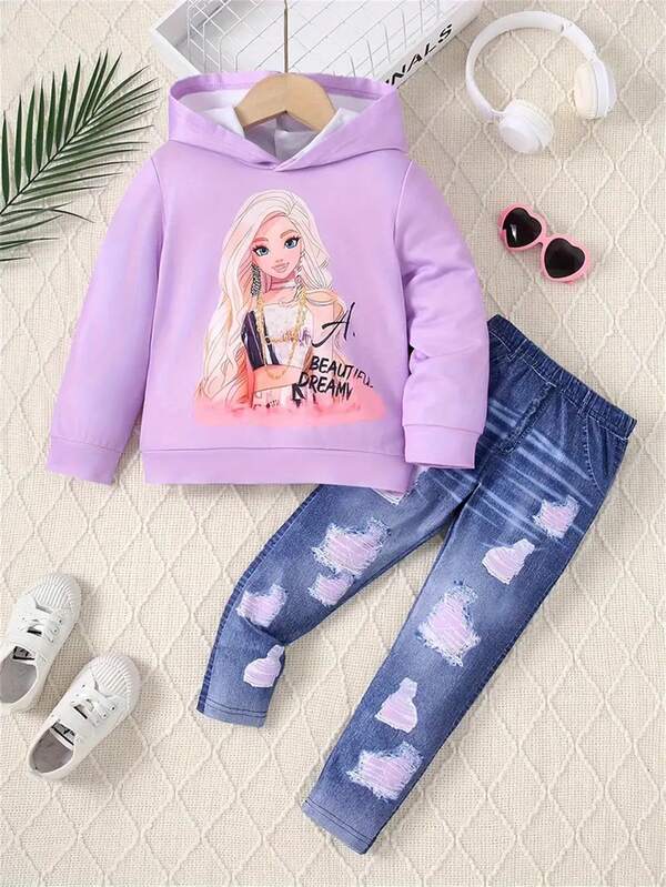 2 Stücke Cartoon Portrait Kapuzen-Sweatshirt und Jeanseffekt Leggings Set für Mädchen - Hosenanzüge - Herbst/Winter Mode, weich und gemütlich, Freizeitbekleidung, Zweiteiliges Outfit