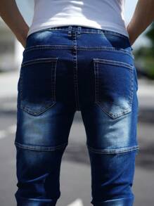 Men's Casual Water-Washed Distressed Five-Pointed Star Patchwork Skinny Jeans - Dark Wash - View 5