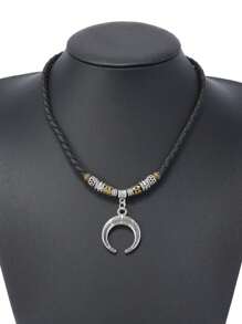 1 件波西米亚风格时尚个性化尖牙叶交叉音符吊坠 PU 皮革编织项链，适合男士日常佩戴 - 彩色 - 查看 11