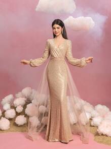 Elegant Girls' Evening Gown With Overlapping V-Neckline, Dramatic Lantern Sleeves & Mermaid Hem - Sheer Chiffon Cape Detailing, Layered Tulle Train - Perfect For Gala Events, Red Carpet Ceremonies, Princess Weddings, Luxury Birthday Celebrations, Formal Prom Nights - Champagne - View 2