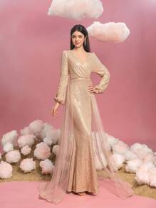 Elegant Girls' Evening Gown With Overlapping V-Neckline, Dramatic Lantern Sleeves & Mermaid Hem - Sheer Chiffon Cape Detailing, Layered Tulle Train - Perfect For Gala Events, Red Carpet Ceremonies, Princess Weddings, Luxury Birthday Celebrations, Formal Prom Nights - Champagne - View 6