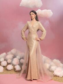 Elegant Girls' Evening Gown With Overlapping V-Neckline, Dramatic Lantern Sleeves & Mermaid Hem - Sheer Chiffon Cape Detailing, Layered Tulle Train - Perfect For Gala Events, Red Carpet Ceremonies, Princess Weddings, Luxury Birthday Celebrations, Formal Prom Nights - Champagne - View 5