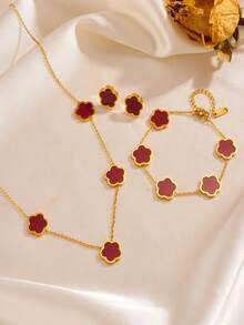 4 件优雅五叶草花镶嵌贝壳手链项链耳环套装，简约休闲风格首饰套装，送给朋友的珠宝礼物 - 均碼 - 查看 9