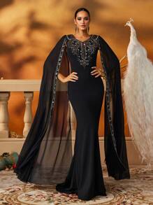 优雅的黑色美人鱼礼服，配有串珠雪纺斗篷袖，阿拉伯女式连衣裙，端庄连衣裙 - 黑色 - 查看 4
