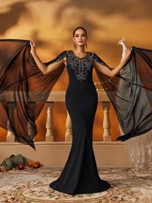 优雅的黑色美人鱼礼服，配有串珠雪纺斗篷袖，阿拉伯女式连衣裙，端庄连衣裙 - 黑色 - 查看 5