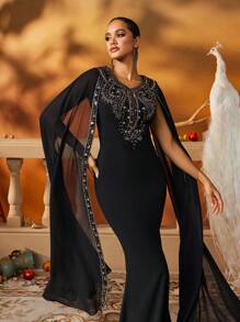优雅的黑色美人鱼礼服，配有串珠雪纺斗篷袖，阿拉伯女式连衣裙，端庄连衣裙 - 黑色 - 查看 9