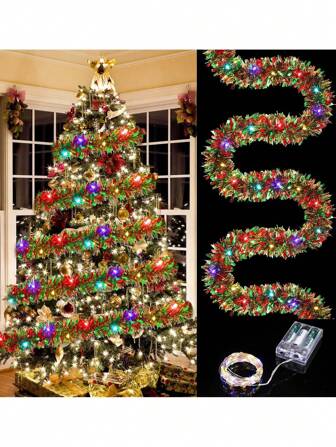 1 件 16 英尺圣诞金属丝花环金属闪亮带 LED 灯树厚悬挂装饰品适用于圣诞节派对节日装饰无需电池