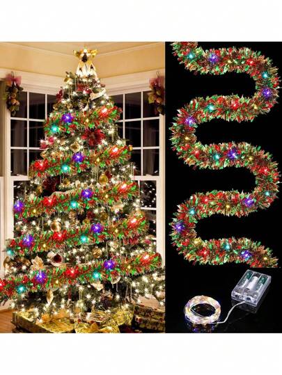 1 件 16 英尺圣诞金属丝花环金属闪亮带 LED 灯树厚悬挂装饰品适用于圣诞节派对节日装饰无需电池