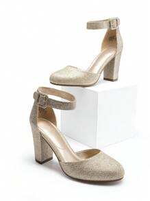 Women Ankle Strap Chunky Heel Pumps Round Toe High Heel Comfortable Elegant Wedding Party Prom Work Dress Pumps Shoes - Vàng - Xem 5