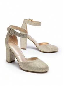 Women Ankle Strap Chunky Heel Pumps Round Toe High Heel Comfortable Elegant Wedding Party Prom Work Dress Pumps Shoes - Vàng - Xem 2