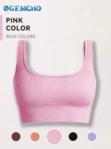 Women's Solid Color Square Neck Removable Padded Sports Bra Yoga Fitness Tank Top - Pink - View 3