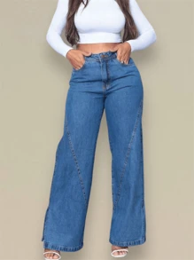 Women's Wide Leg Jeans - 深色水洗藍 - 查看 1