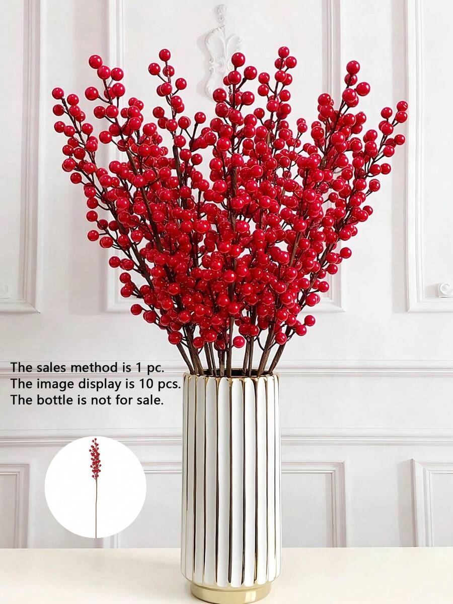 1pc 42cm Plastic Artificial Plant Branch Winterberry With Red Berries, Suitable For Wedding/Party/Home/Christmas/Spring Decoration Home Decor Christmas Decorations Room Decor - Red - View 1