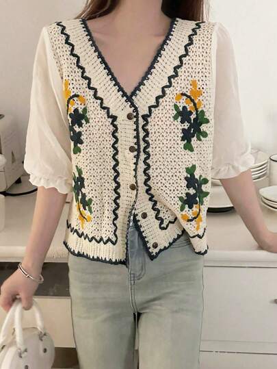 花卉刺绣纽扣前襟上衣 夏季度假