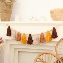 1 vòng hoa tua rua phong cách Boho thủ công với hạt gỗ, vòng hoa tua rua cho phòng, trang trí phòng ngủ, treo tường và đạo cụ chụp ảnh - thẻ trắng nâu vàng - Xem 4