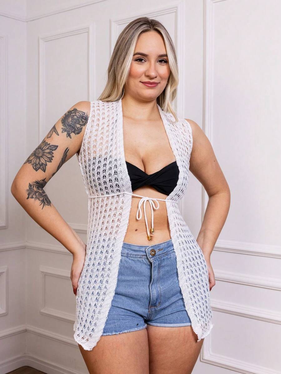 Versatile Woven Beach Cover-Up Vest – Elegance And Comfort For Any Occasion For Women - trắng - Xem 1