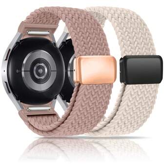 2 Packs Nylon Bands Compatible With Galaxy Watch 7 6 5 4 FE 40mm 44mm/6 Classic 43mm 47mm/4 Classic 42mm 46mm/5 Pro 45mm,One Click Attachment,No Gap Magnetic Fabric Braided Strap Compatible With Galaxy Watch Band Women Men