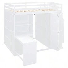 Full Size Bunk Bed With Wardrobe,Desk And Shelves,White - 白色 - 查看 6