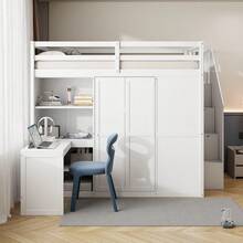 Full Size Bunk Bed With Wardrobe,Desk And Shelves,White - 白色 - 查看 2