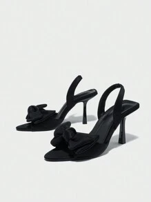Women's Pointed Toe Butterfly Decor Elastic Back Strap Satin Stiletto High Heel Sandals, Elegant For Party, Daily Wear, Commuting, Summer Autumn Fashion - Black Valentines