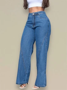 Women's Wide Leg Jeans - 深色水洗藍 - 查看 3