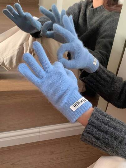 1 Pair Light Blue Women's Polyester Fiber Solid Color Minimalist Warm Touchscreen Gloves With Letter Logo