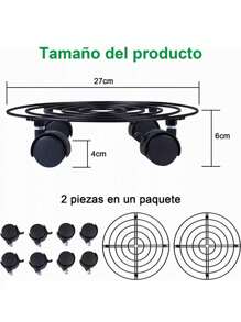 2 Soportes De Base De Maceta De Metal Con Ruedas,Paquete de 2 Soporte para Plantas con Ruedas, 27cm  Soporte Rodante para Macetas, Resistente Soporte de Metal, Base de Rodillo para Macetas Interiores y Exteriores ( Función de Freno) - Negro - Ver 2